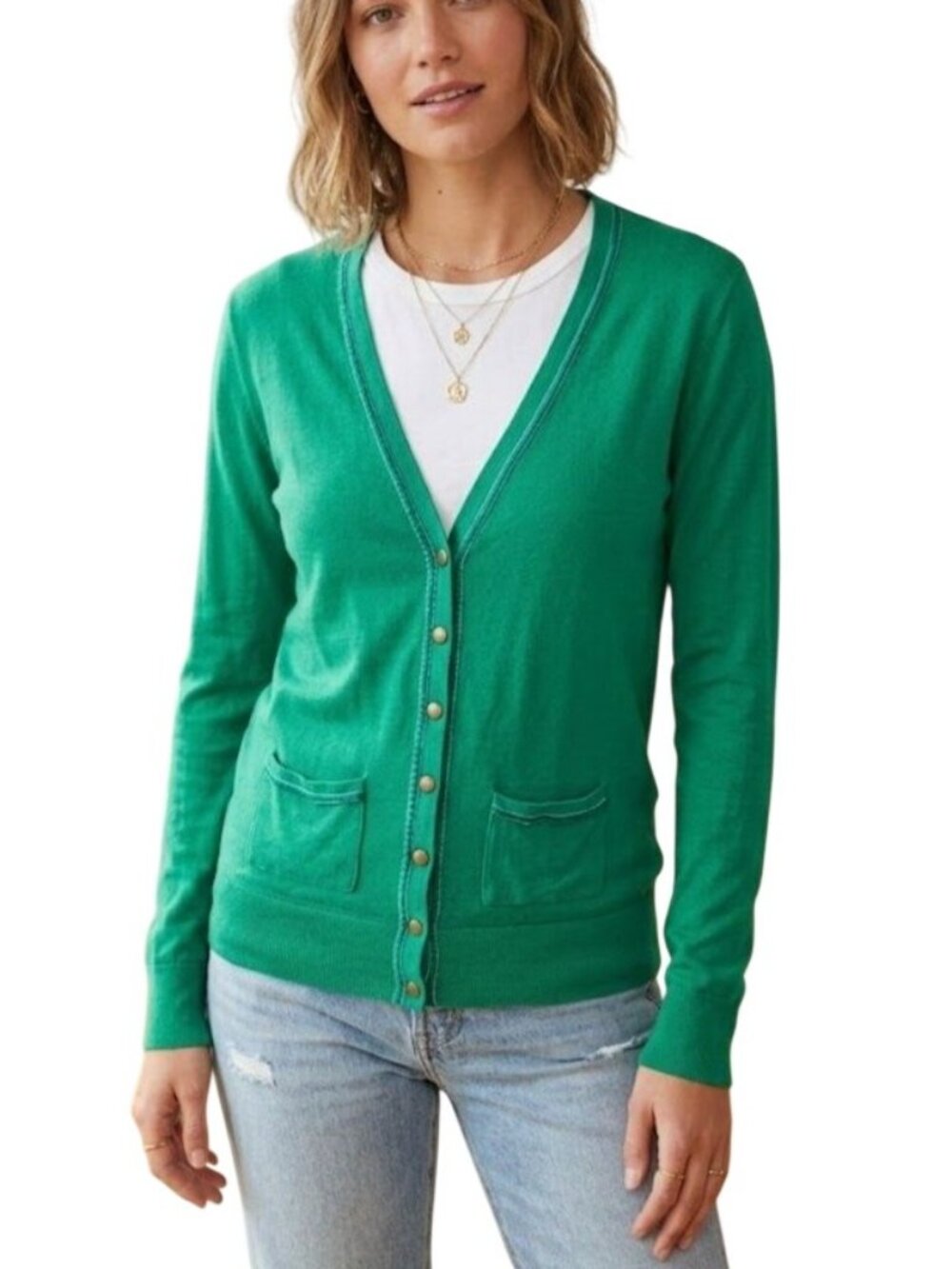Color Story Cardigan Sweater Large Snap Front Long Sleeve Green Cotton Cozy